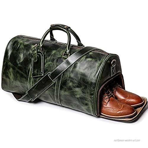 LEATHFOCUS Leather Luggage Bag Travel Duffels Overnight Sport Weekend Gym Bags With Shoe Compartment YKK Zipper (Grass Green)