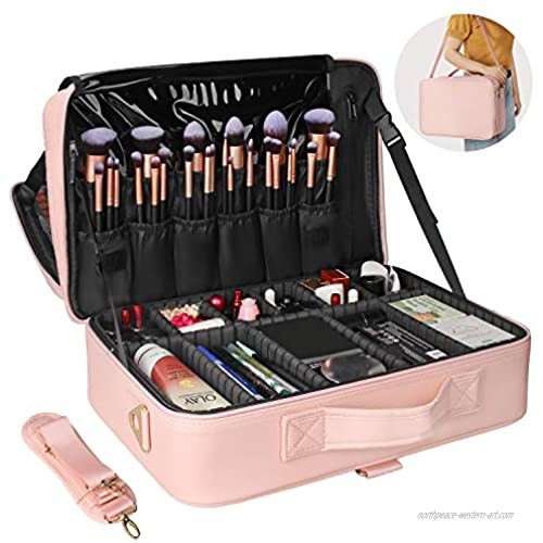 MONSTINA Cosmetic Bags 3 Layer Cosmetic Organizer Makeup Case Beauty Artist Storage Brush Box with Shoulder Strap… (Large  pink)
