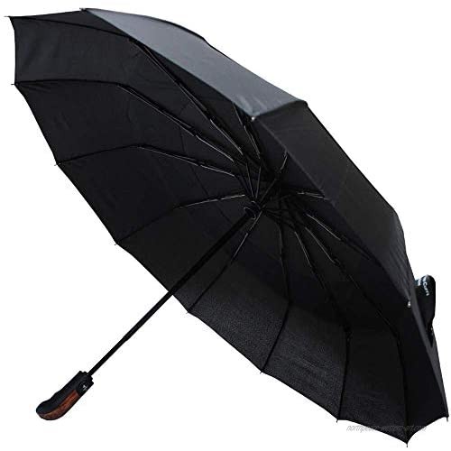 COLLAR AND CUFFS LONDON - Rare 12 Rib Compact Umbrella  4 Extra For Strength - 50mph Strong Reinforced Windproof Frame with Fiberglass - Vented Double Canopy - Small Folding Auto Open & Close - Black