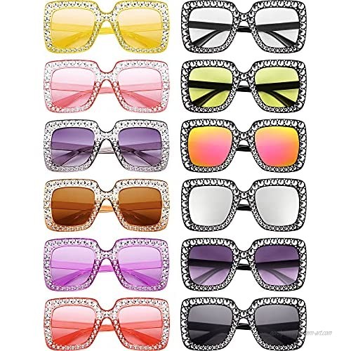 Crystal Oversized Sunglasses Square Diamond Sunglasses Rhinestone Frame Sunglasses for Women (Chic Colors 12 Pairs)