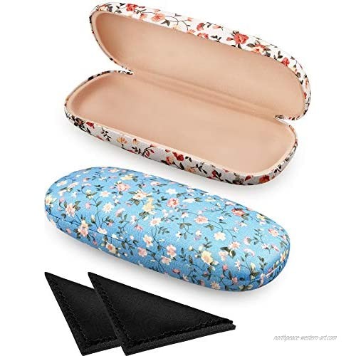 2 Pieces Spectacle Case Box Portable Hard Eyeglass Case Fabrics Floral Eyeglass Case Spectacles Box Case for Eyeglasses (White  Blue)