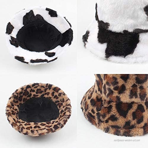 2 pcs Winter Plush Bucket-Hat for Women Leopard Milk Cow Print Double-Side-Wear Bucket Caps Casual Warm Faux Fur Fisherman Hats