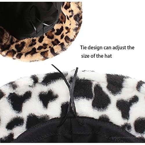 2 pcs Winter Plush Bucket-Hat for Women Leopard Milk Cow Print Double-Side-Wear Bucket Caps Casual Warm Faux Fur Fisherman Hats