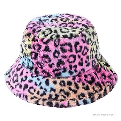 Avilego Women's Faux Fur Bucket Hat Leopard Print Fisherman Cap Winter Warm Fisherman Hat