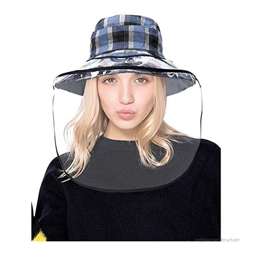 DOCILA Detachable Face Cover Bucket Hats For Women Reversible Large Brim Plaid Tartan Windproof Fisherman Hats Floppy Summer Hats (Z-BlackBlue)
