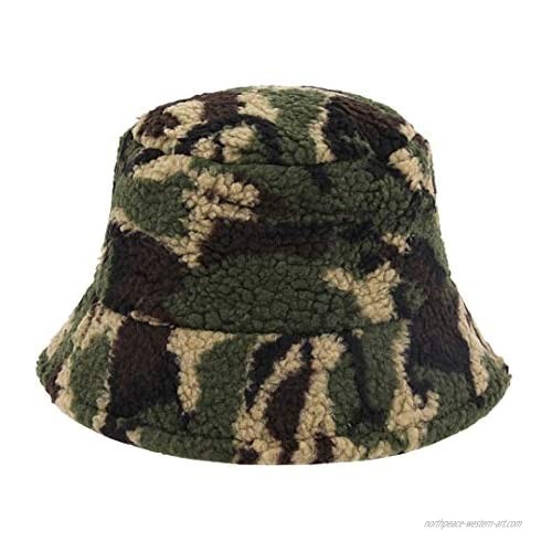 Multifit Camouflage Winter Bucket Hat Teddy Style Warm Hats Faux Fur Fisherman Cap for Women Men