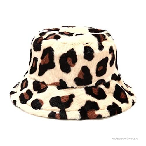 Segreto Women Leopard Print Bucket Hat Fuzzy Winter Plush Fisherman Cap Packable Warm Faux Fur Casual Sun Hat