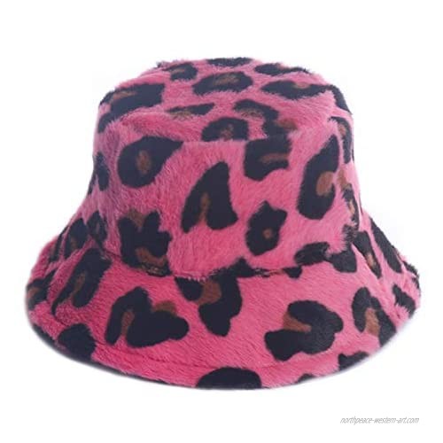 Women's Leopard Print Faux Fur Bucket Hat Fluffy Winter Warmer Plush Fisherman Cap