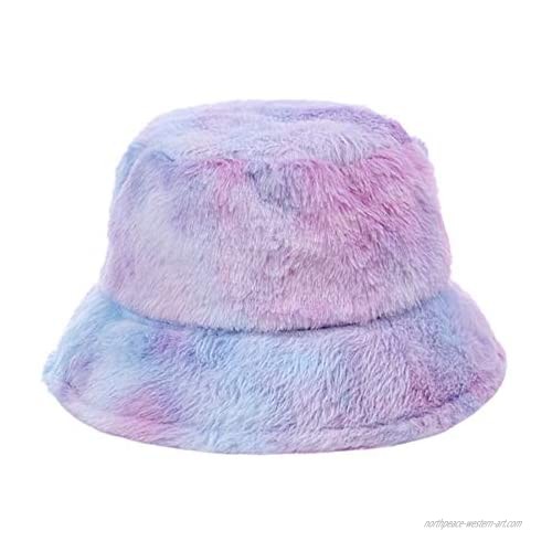 ZGMYC Women Girls Tie Dye Faux Fur Warm Bucket Hat Fuzzy Rainbow Winter Fisherman Cap