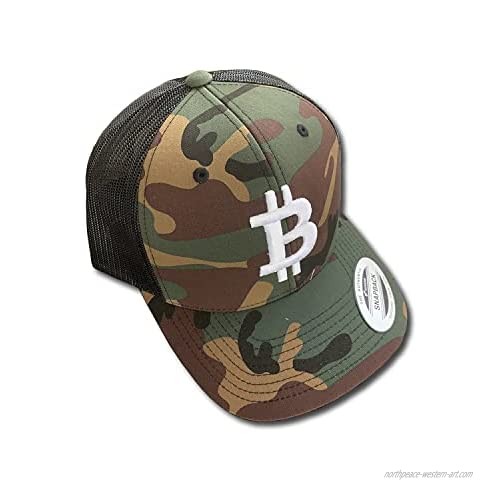 BTC Universe Bitcoin Snapback Trucker Cap Bear Hunter - Green Camouflage with Black Mesh Back and White Bitcoin 3-D Puff Embroidery Limited Edition
