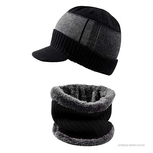 XIAOHAWANG Winter Men Hat Knit Cable Visor Beanie with Fleece Lining Patchwork Stripe Newsboy Cap with Brim for Outdoor Sport