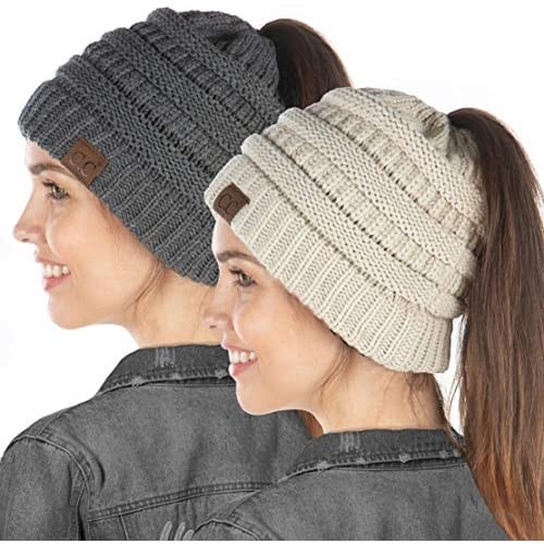 Funky Junque Exclusives BeanieTail Womens Beanie Ponytail Hat Messy Bun Skull Cap 2 Pack Bundle