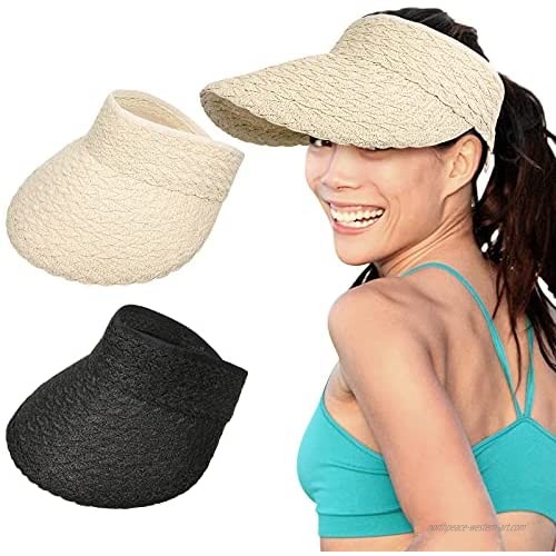 2 Pieces Women's Wide Hats Foldable Straw Golf Sun Visor Hat  2 Colors Black  Beige
