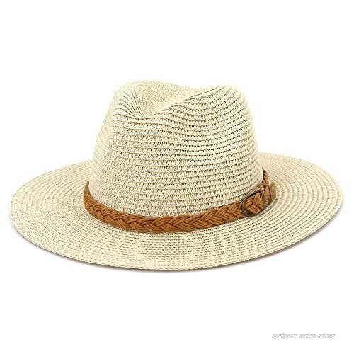 ADAHOP Women Panama Straw Hat Fedoras Beach Sun Hat Wide Brim Roll Up Sunhats for Women with Braiding Band