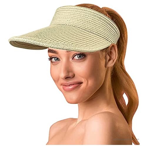 AJoyMetU Straw Sun Visors for Women Wide Brim Adjustable Straw Beach Visor Hats Foldable UV Protection
