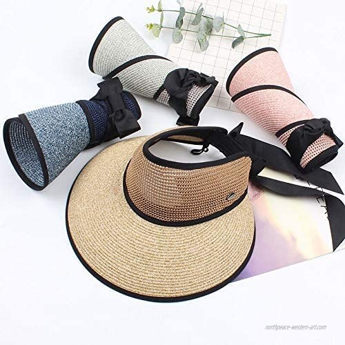 Beach Foldable Straw Wide Brim Travel Caps Sun Visor Hat UPF 50+ UV with Bow