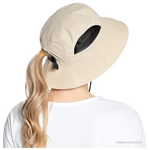 Muryobao Womens Ponytail Bucket Beach Sun Hat Summer Travel Fisherman Cap UV Protection Fishing Hat
