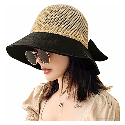 Women's Sun Hats Foldable Beach Hat Knitted Summer Floppy Hat for Women Wide Brim UPF 50 with Big Bowknot