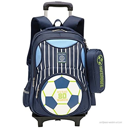 Adanina Cartoon Printed Football Trolley Backpack Elementary Book Bag Primary School Bag with Wheels for Kids