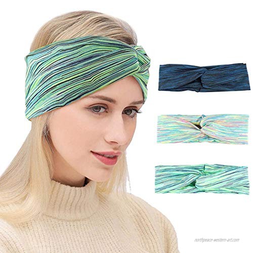 Nicute Boho Criss Cross Headbands Elastic Knotted Head Wraps Green Striped Hair Bands for Women and Girls(Pack of 3)