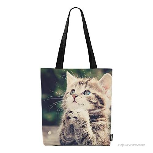 Moslion Cat Bags Gray Kitten Praying for Love Cute Animal Canvas Handbag Reusable Shopping Bags Casual Shoulder Tote Bag for Women Girls 15x16 Inch